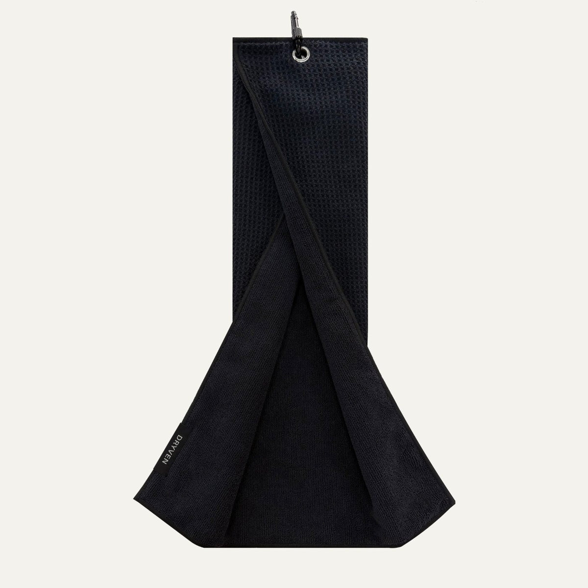 Dryven golf towel showing both faces and the screw-lock carabiner