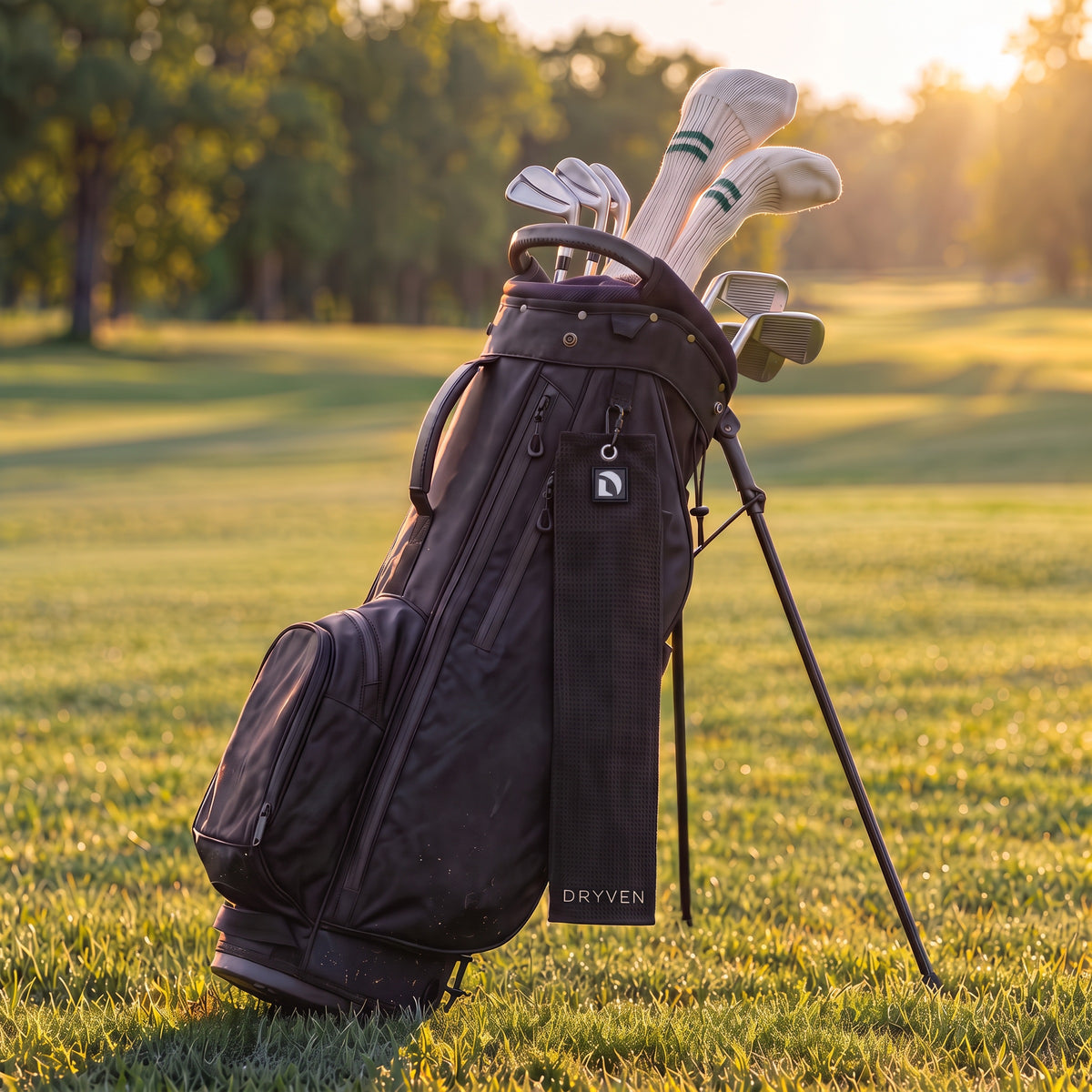 Black Dryven golf towel clipped to a stand bag on a golf course.