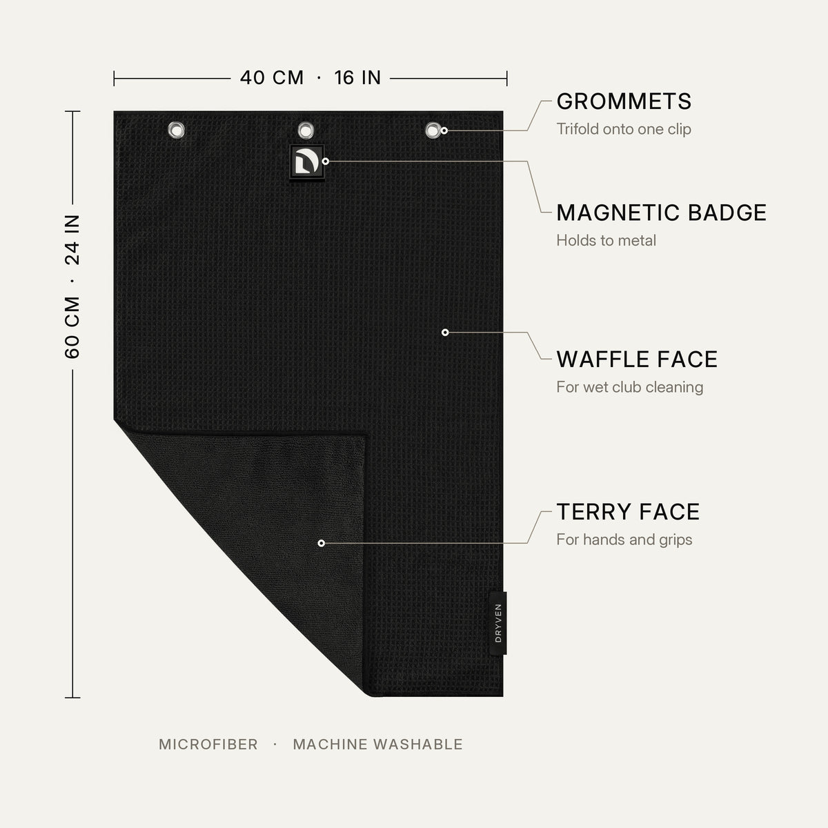 Dryven golf towel, 40 by 60 cm, showing three grommets, magnetic badge, waffle face for club cleaning and terry face for hands and grips.